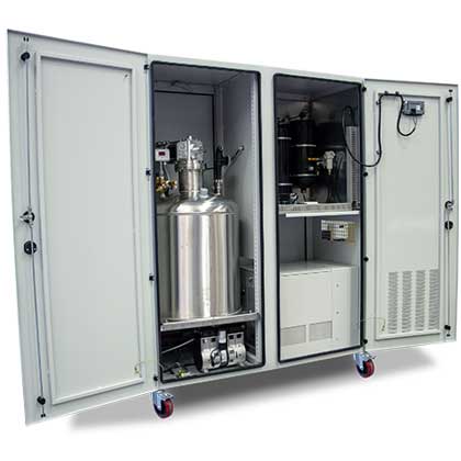 A compact liquid nitrogen generator with integrated storage dewar, cooling, and essential components for efficient on-site nitrogen production.