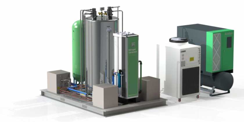 A turn-key liquid nitrogen generator featuring a closed-loop chiller and integrated air compressor for on-site nitrogen production.