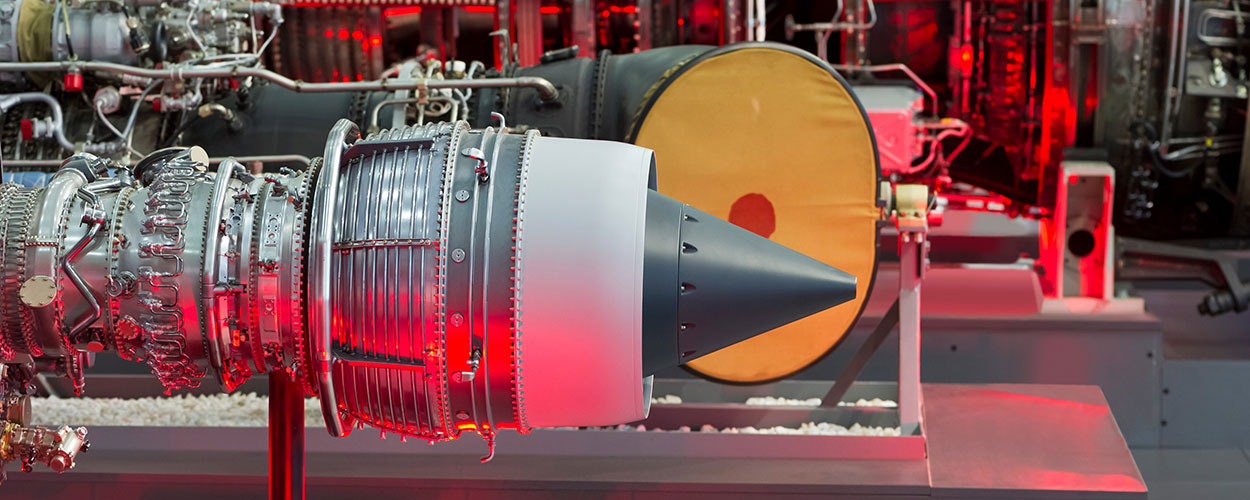 Aerospace jet engine — the kind of component built and serviced by aerospace OEMs, Tier-1 and Tier-2 suppliers, and MRO shops running on-site nitrogen for heat treating, brazing, welding, and inert atmosphere processing.