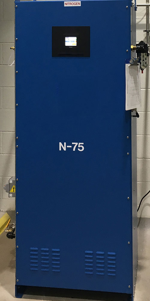 On-site GGS N-75 PSA nitrogen generator producing food-grade nitrogen for popcorn modified atmosphere packaging.