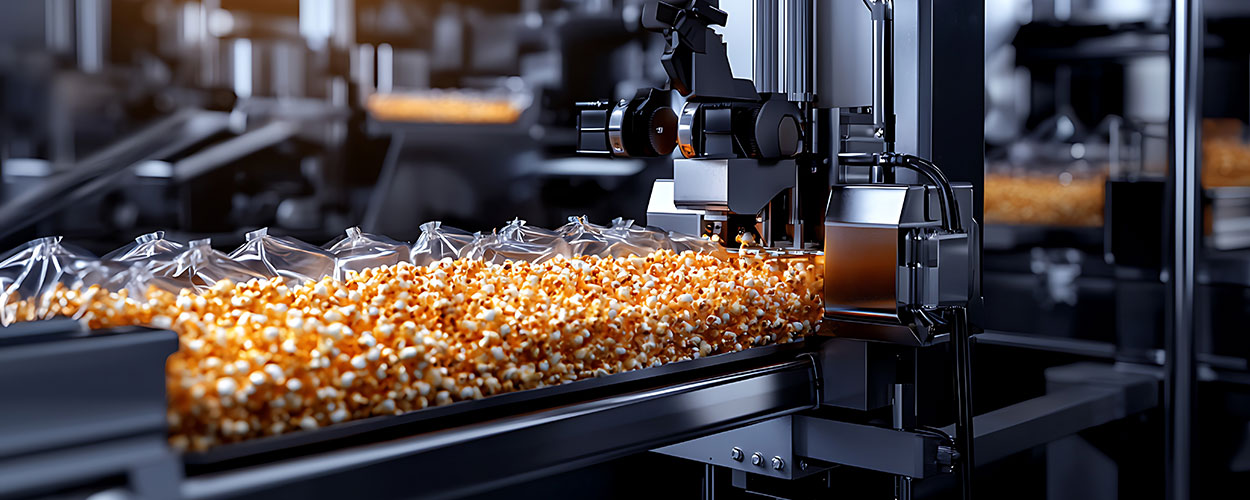 Automated popcorn packaging line filling retail bags with coated popcorn under nitrogen modified atmosphere to slow oil rancidity and extend shelf life.