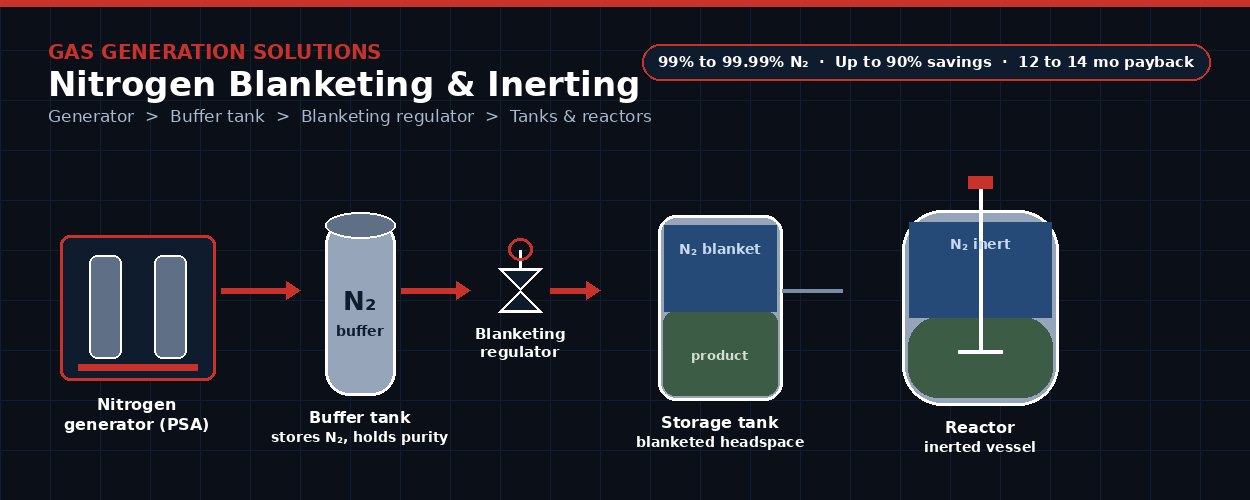 Schematic of an on-site nitrogen generator blanketing a chemical storage tank and reactor through a blanketing regulator